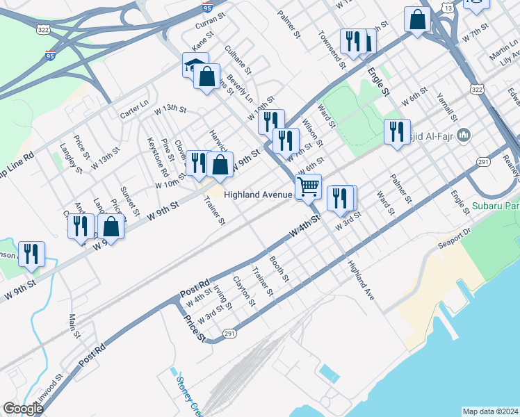 map of restaurants, bars, coffee shops, grocery stores, and more near 3007 West 6th Street in Chester