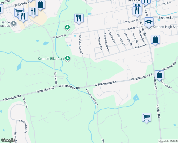 map of restaurants, bars, coffee shops, grocery stores, and more near 116 Chandler Mill Road in Kennett Square