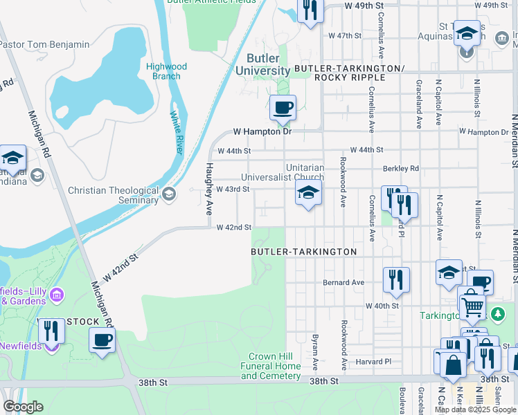 map of restaurants, bars, coffee shops, grocery stores, and more near 734 Clarendon Place in Indianapolis