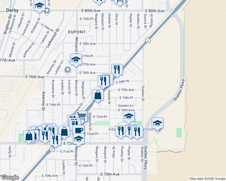 map of restaurants, bars, coffee shops, grocery stores, and more near 6999 East 74th Place in Commerce City
