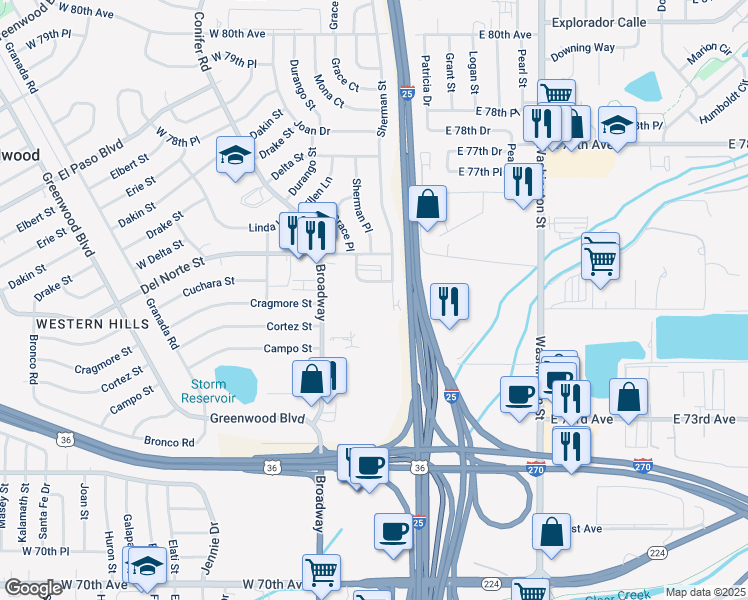 map of restaurants, bars, coffee shops, grocery stores, and more near 7520 Broadway in Denver