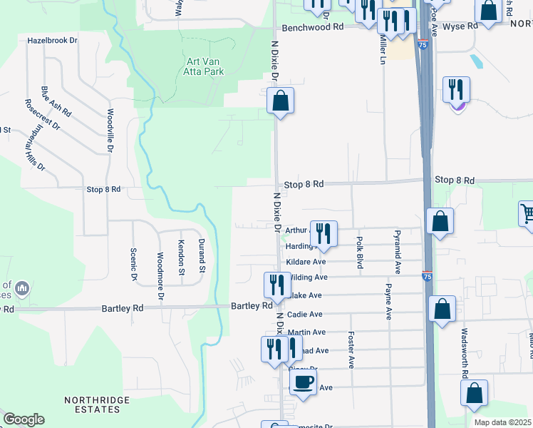 map of restaurants, bars, coffee shops, grocery stores, and more near in Northridge