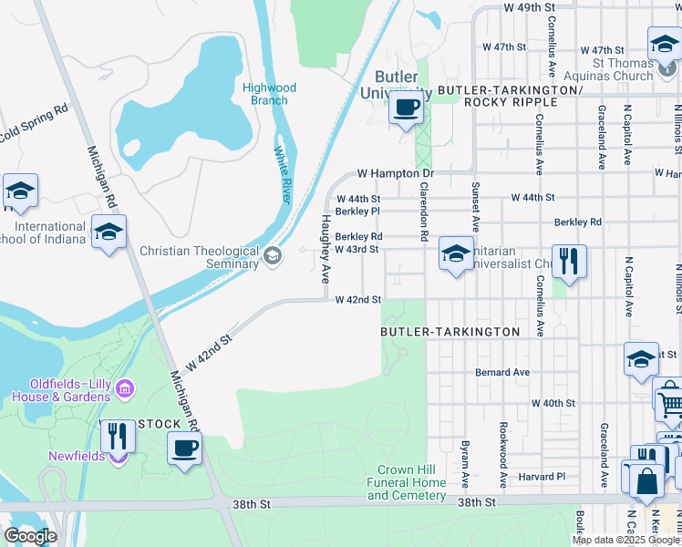 map of restaurants, bars, coffee shops, grocery stores, and more near 4251 Haughey Avenue in Indianapolis