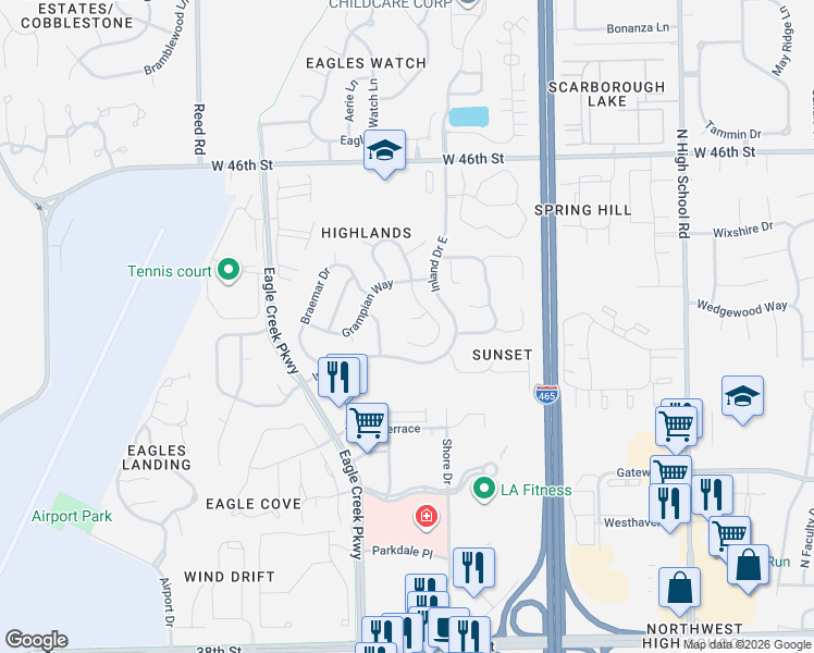 map of restaurants, bars, coffee shops, grocery stores, and more near 6904 Caledonia Circle in Indianapolis