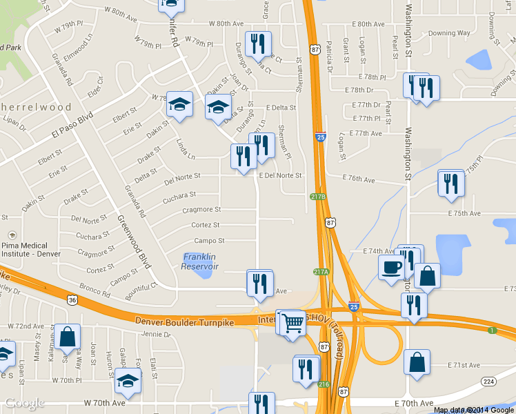 map of restaurants, bars, coffee shops, grocery stores, and more near 61 Cortez Street in Denver