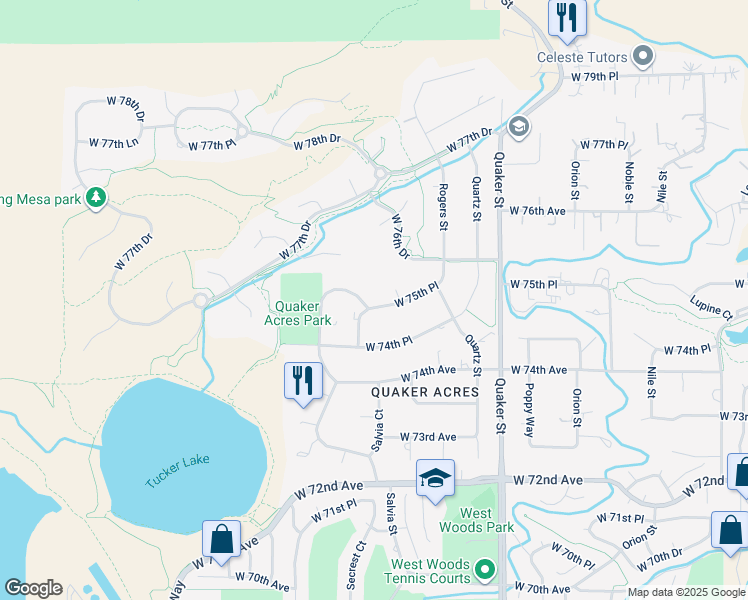 map of restaurants, bars, coffee shops, grocery stores, and more near 16794 West 75th Place in Arvada