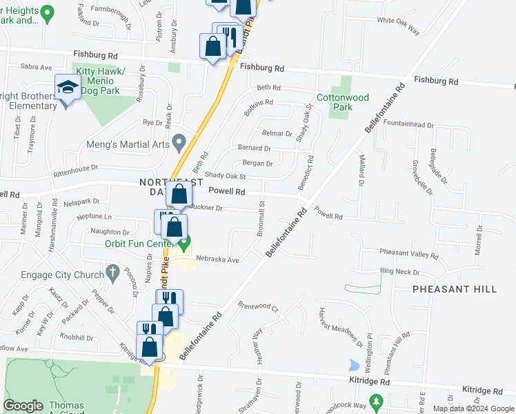 map of restaurants, bars, coffee shops, grocery stores, and more near 5503 Broomall Street in Dayton