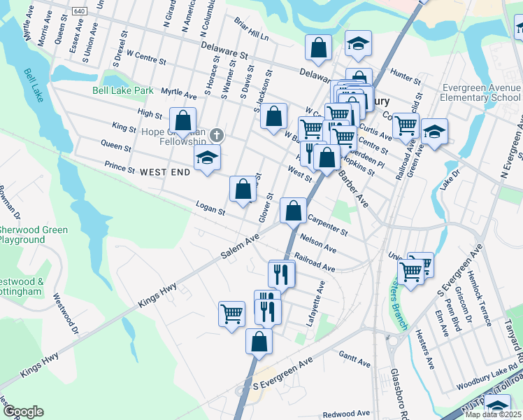 map of restaurants, bars, coffee shops, grocery stores, and more near 419 Glover Street in Woodbury