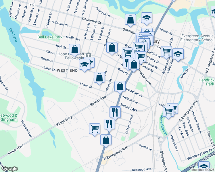 map of restaurants, bars, coffee shops, grocery stores, and more near 419 Glover Street in Woodbury