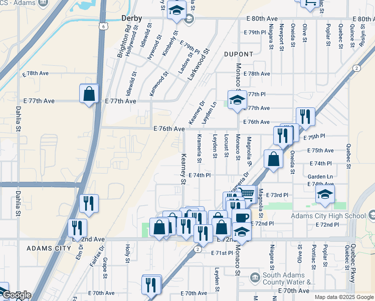 map of restaurants, bars, coffee shops, grocery stores, and more near 7520 Kearney Street in Commerce City