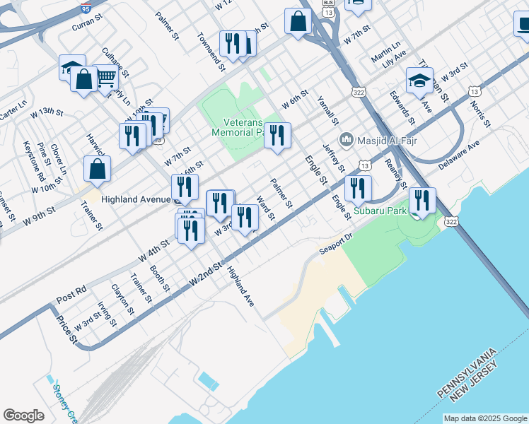 map of restaurants, bars, coffee shops, grocery stores, and more near 226 Ward Street in Chester
