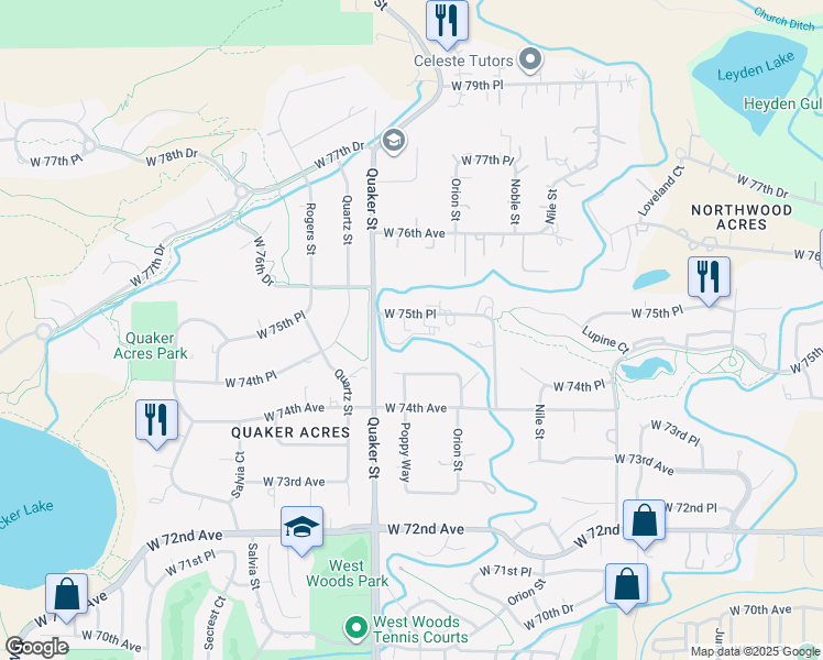 map of restaurants, bars, coffee shops, grocery stores, and more near 16335 West 74th Drive in Arvada