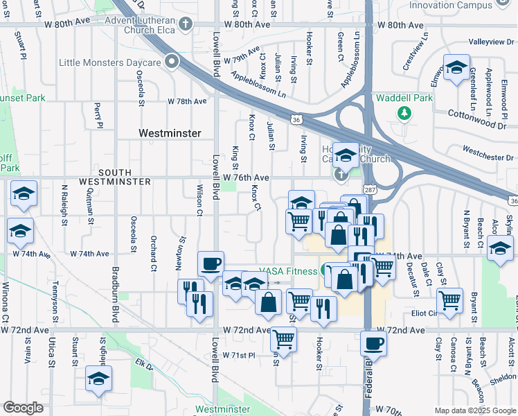 map of restaurants, bars, coffee shops, grocery stores, and more near 2002 West 75th Avenue in Westminster