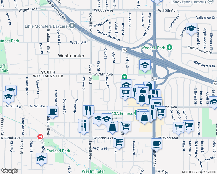 map of restaurants, bars, coffee shops, grocery stores, and more near 2002 West 75th Avenue in Westminster