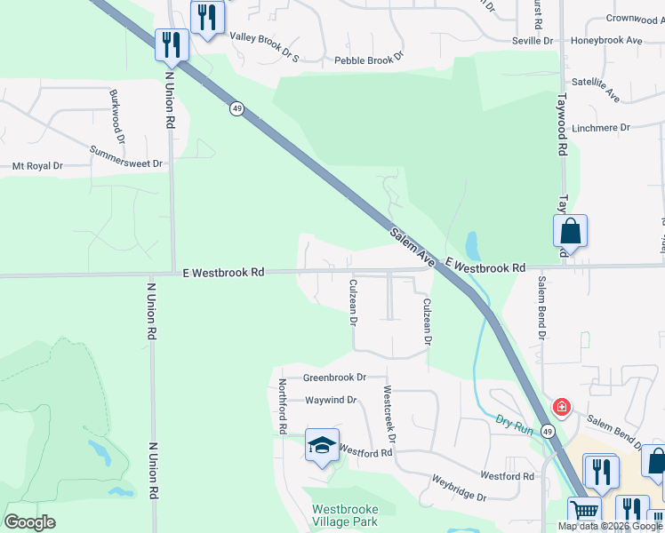 map of restaurants, bars, coffee shops, grocery stores, and more near 5521 East Westbrook Road in Clayton