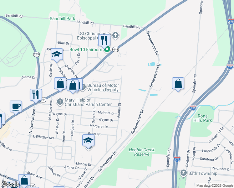 map of restaurants, bars, coffee shops, grocery stores, and more near 1126 Adams Street in Fairborn