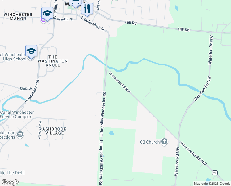 map of restaurants, bars, coffee shops, grocery stores, and more near 6670 Lithopolis-Winchester Road in Canal Winchester