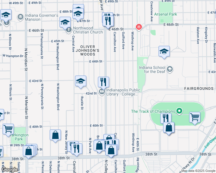 map of restaurants, bars, coffee shops, grocery stores, and more near in Indianapolis