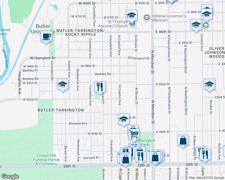 map of restaurants, bars, coffee shops, grocery stores, and more near 4218 Graceland Avenue in Indianapolis
