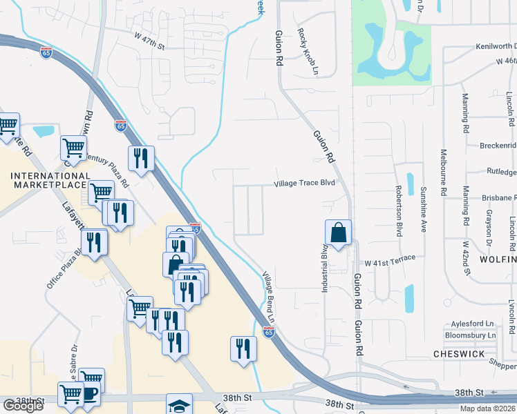 map of restaurants, bars, coffee shops, grocery stores, and more near 4240 Village Trace Drive in Indianapolis