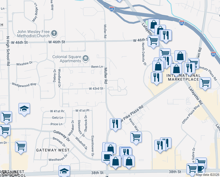 map of restaurants, bars, coffee shops, grocery stores, and more near 5448 West 43rd Street in Indianapolis