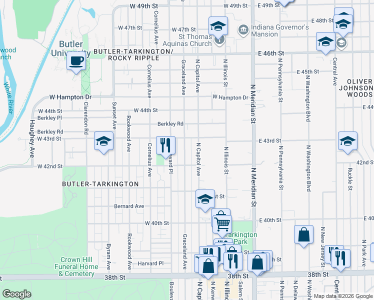 map of restaurants, bars, coffee shops, grocery stores, and more near 4218 Graceland Avenue in Indianapolis
