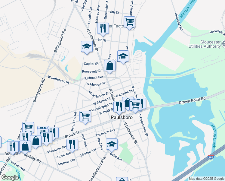 map of restaurants, bars, coffee shops, grocery stores, and more near 915 North Delaware Street in Paulsboro