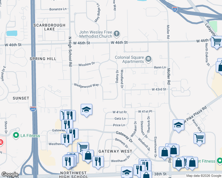 map of restaurants, bars, coffee shops, grocery stores, and more near 5908 Belford Court in Indianapolis