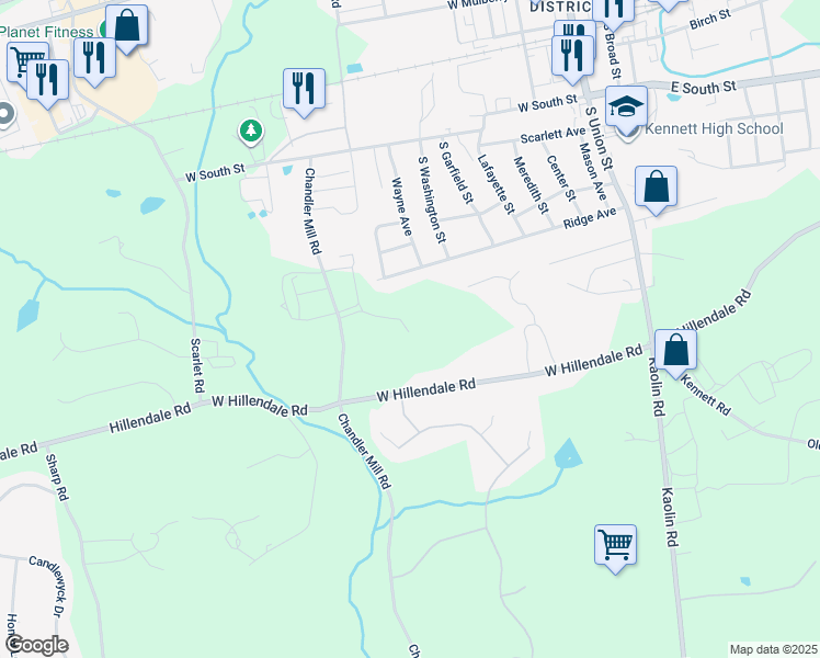 map of restaurants, bars, coffee shops, grocery stores, and more near 115 Chandler Mill Road in Kennett Square