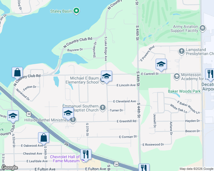 map of restaurants, bars, coffee shops, grocery stores, and more near 3901 East Lincoln Avenue in Decatur