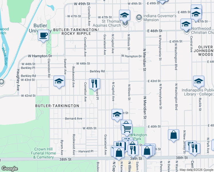 map of restaurants, bars, coffee shops, grocery stores, and more near 4239 Graceland Avenue in Indianapolis
