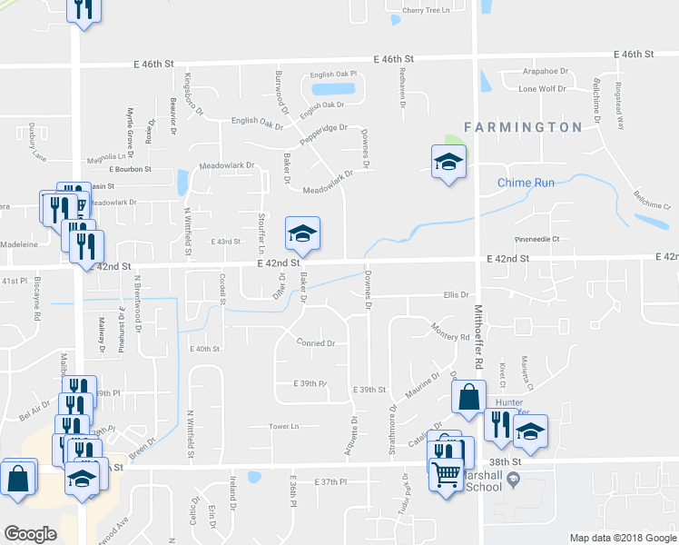 map of restaurants, bars, coffee shops, grocery stores, and more near 9631 East 42nd Street in Indianapolis
