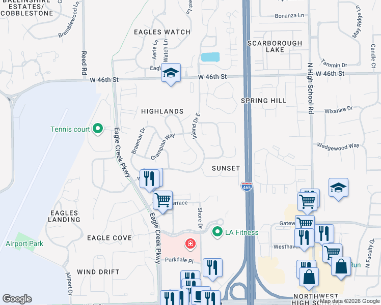 map of restaurants, bars, coffee shops, grocery stores, and more near 4324 Caledonia Way in Indianapolis