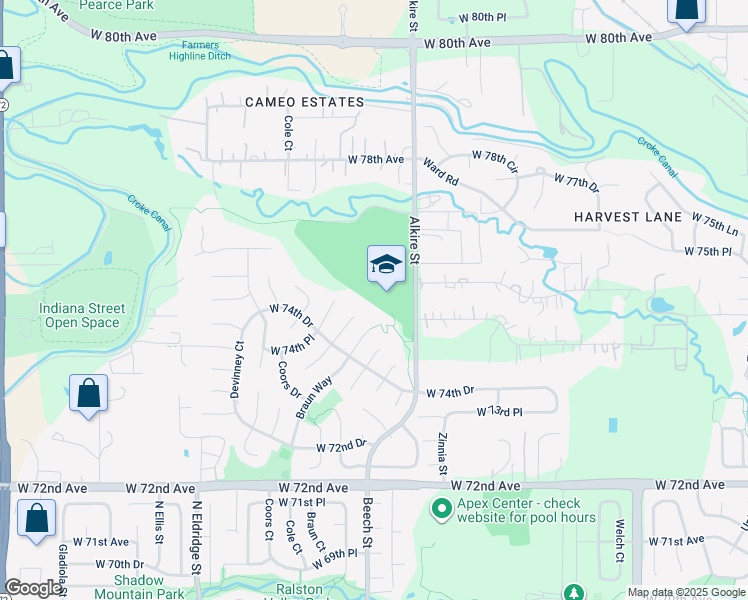 map of restaurants, bars, coffee shops, grocery stores, and more near 7535 Alkire Street in Arvada