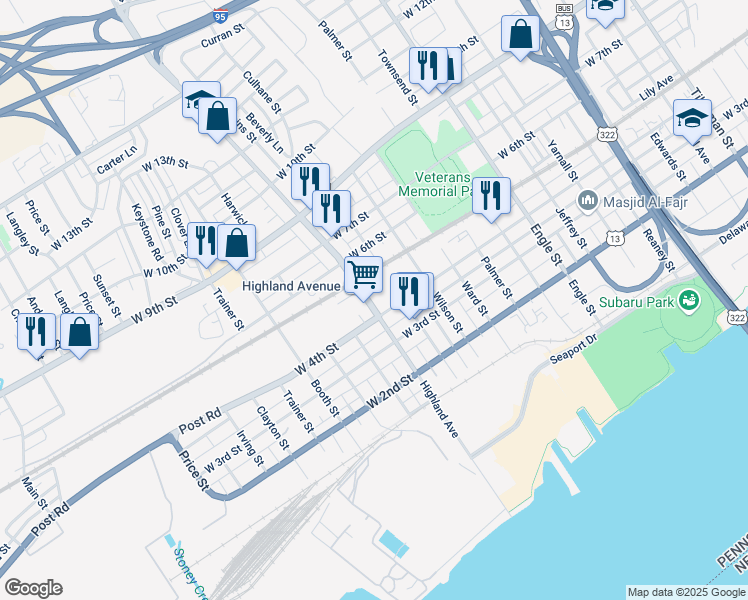 map of restaurants, bars, coffee shops, grocery stores, and more near 419 Highland Avenue in Chester