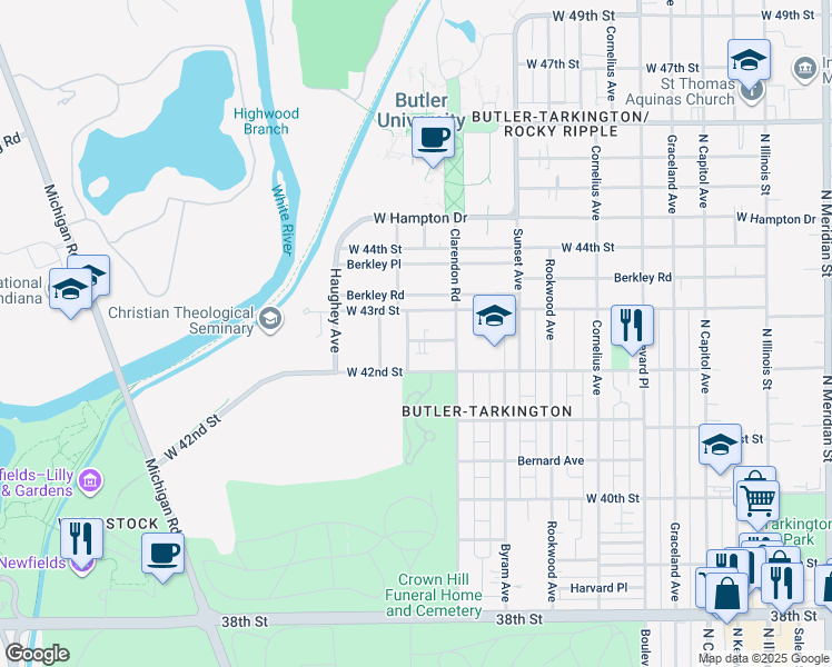 map of restaurants, bars, coffee shops, grocery stores, and more near 732 Clarendon Place in Indianapolis