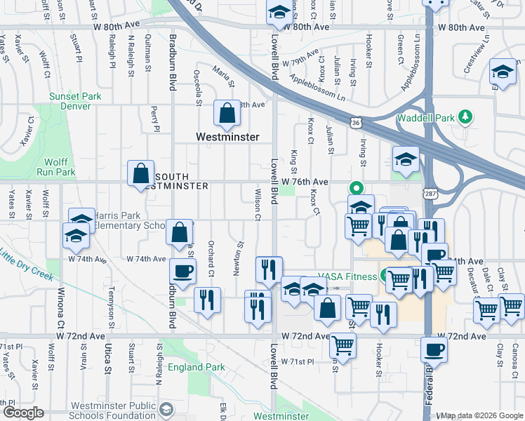 map of restaurants, bars, coffee shops, grocery stores, and more near 7488c Lowell Boulevard in Westminster