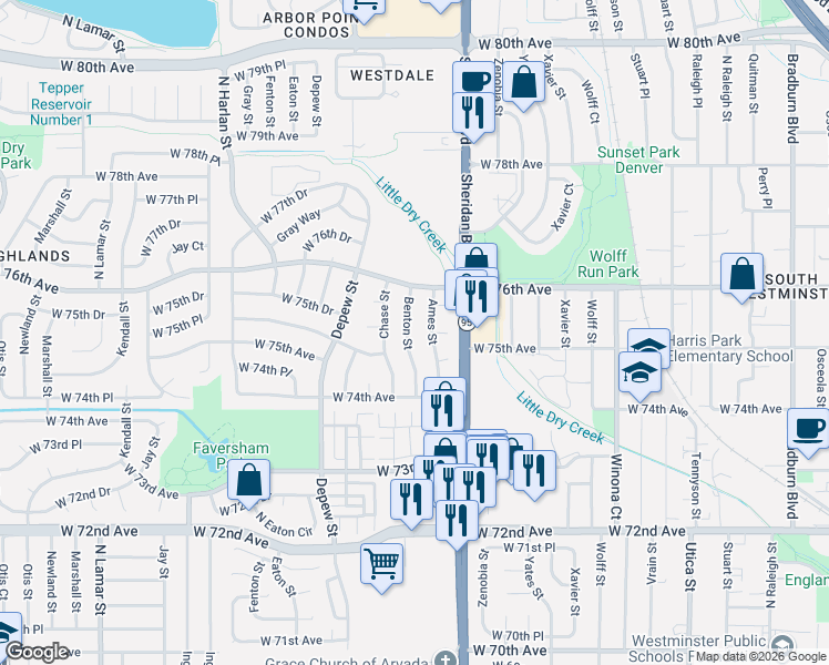 map of restaurants, bars, coffee shops, grocery stores, and more near 7473 Benton Street in Arvada