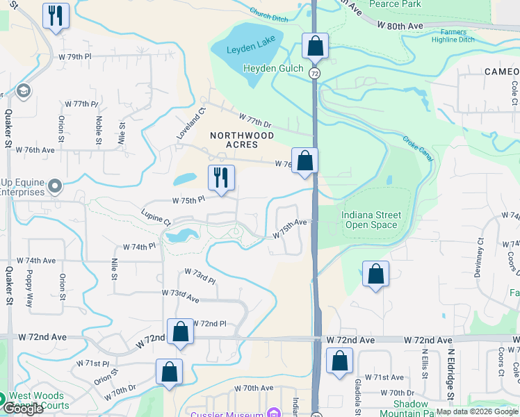 map of restaurants, bars, coffee shops, grocery stores, and more near 7519 Isabell Circle in Arvada