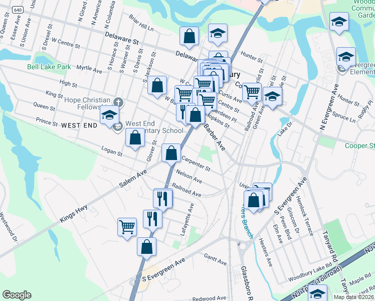 map of restaurants, bars, coffee shops, grocery stores, and more near 22 Carpenter Street in Woodbury
