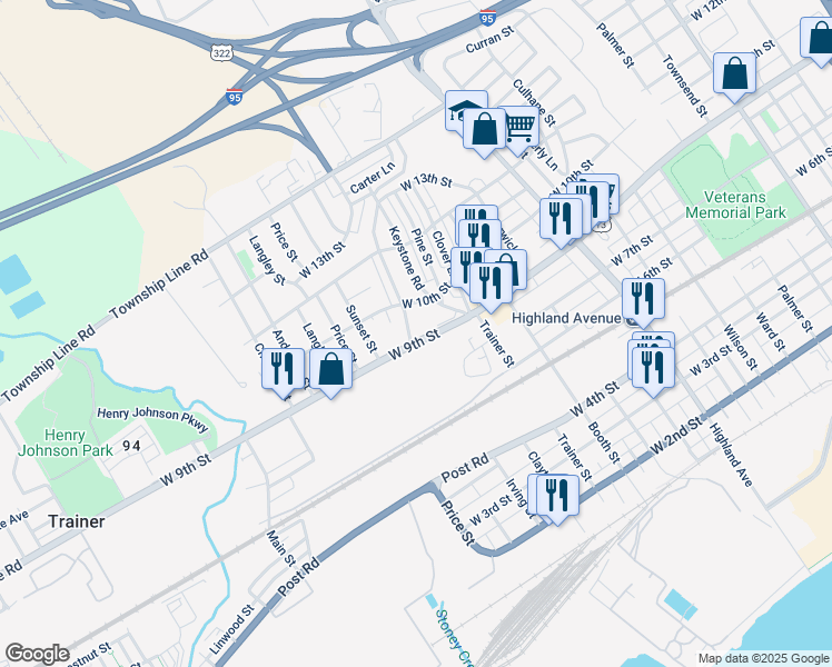 map of restaurants, bars, coffee shops, grocery stores, and more near 913 Meadow Lane in Chester