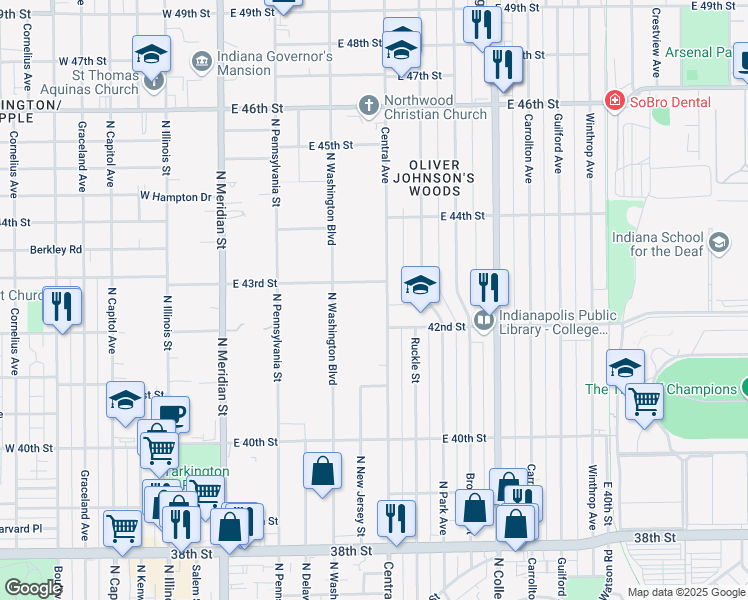 map of restaurants, bars, coffee shops, grocery stores, and more near 4205 North Washington Boulevard in Indianapolis