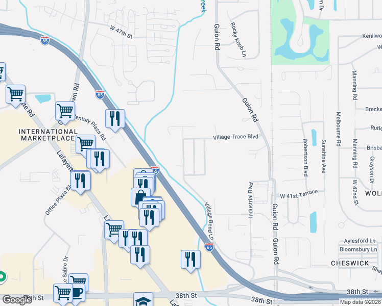 map of restaurants, bars, coffee shops, grocery stores, and more near 4239 Village Bend Lane in Indianapolis