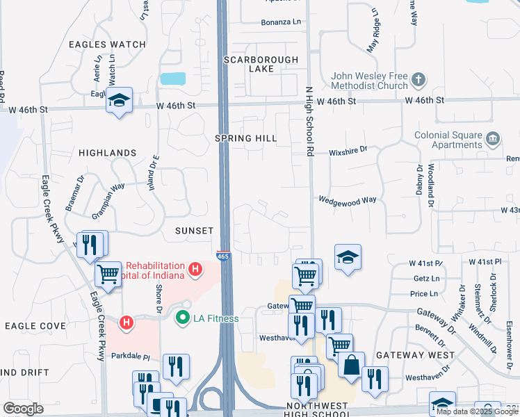 map of restaurants, bars, coffee shops, grocery stores, and more near 4248 Royalty Drive in Indianapolis