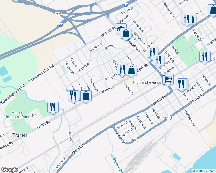 map of restaurants, bars, coffee shops, grocery stores, and more near 913 Meadow Lane in Chester