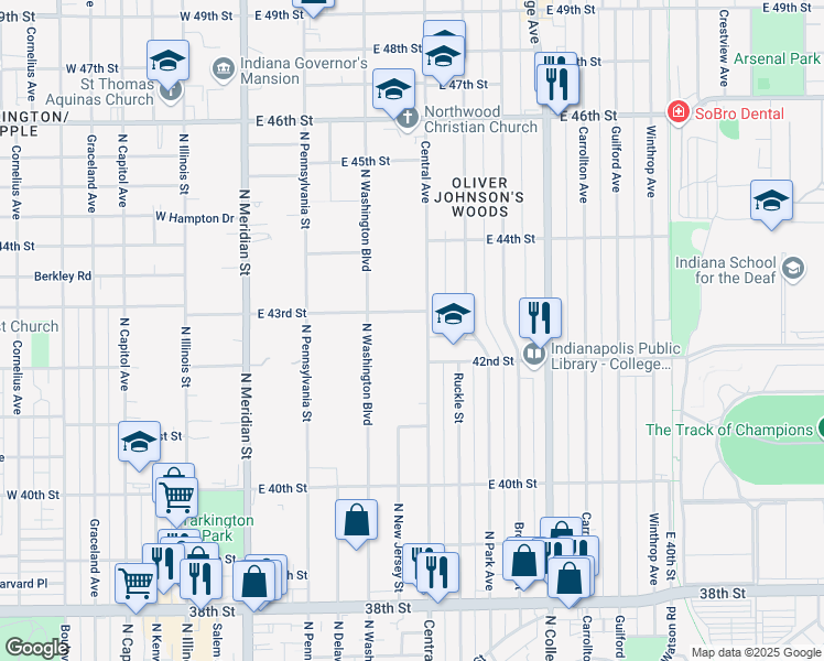 map of restaurants, bars, coffee shops, grocery stores, and more near 4205 North Washington Boulevard in Indianapolis