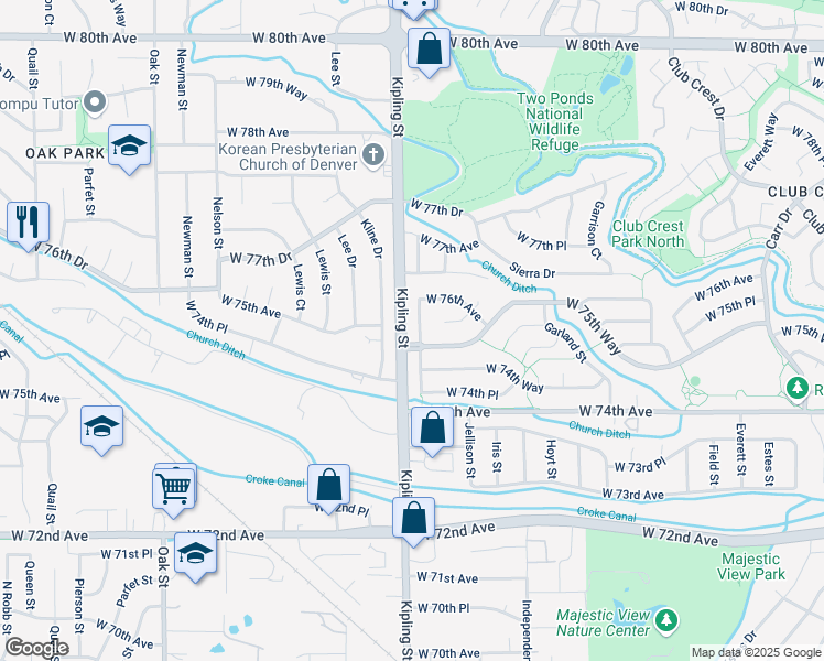 map of restaurants, bars, coffee shops, grocery stores, and more near 7571 Johnson Street in Arvada