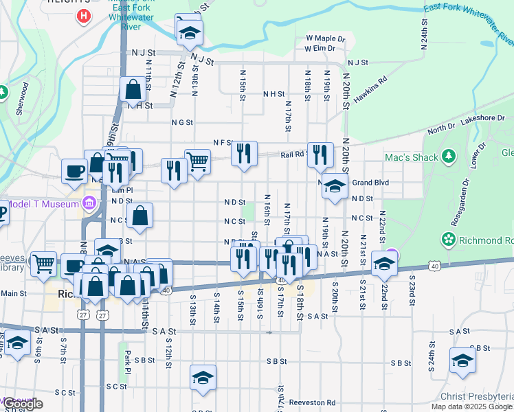 map of restaurants, bars, coffee shops, grocery stores, and more near 414 North 16th Street in Richmond