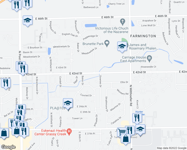 map of restaurants, bars, coffee shops, grocery stores, and more near 9637 East 42nd Street in Indianapolis