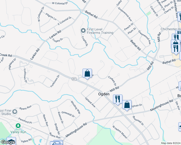 map of restaurants, bars, coffee shops, grocery stores, and more near 7000 Village Way in Boothwyn